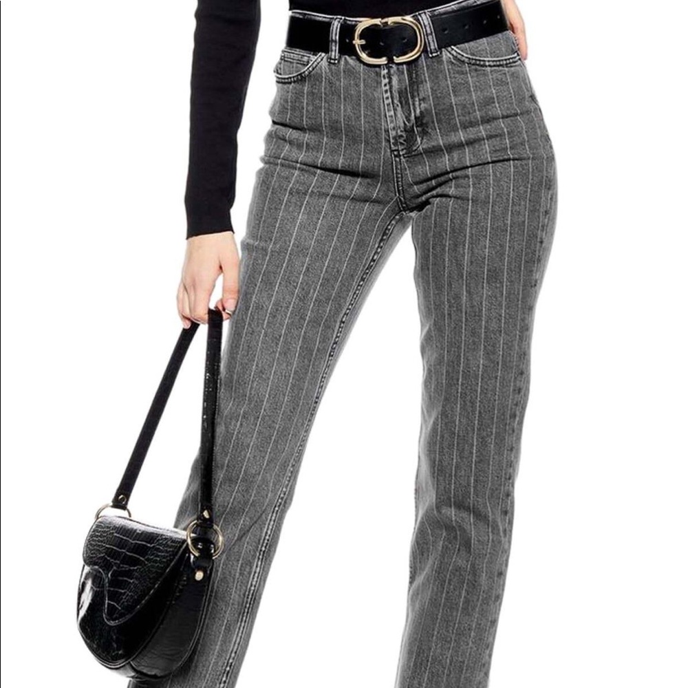 Topshop pinstripe straight leg crop jeans